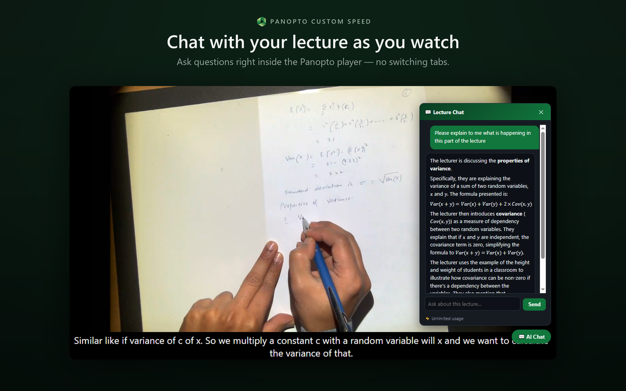 Chat overlay inside the Panopto player while watching a lecture