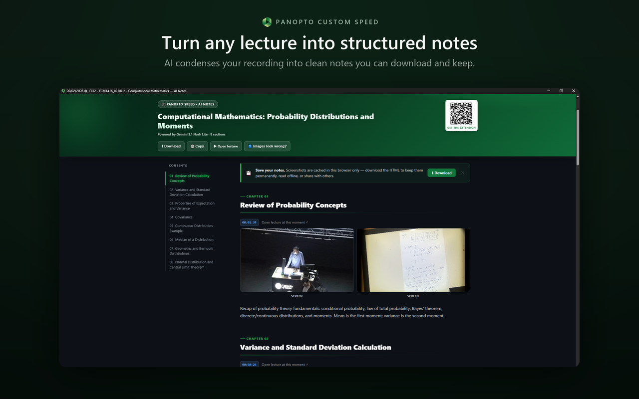 AI-generated structured lecture notes with a table of contents and captured screenshots